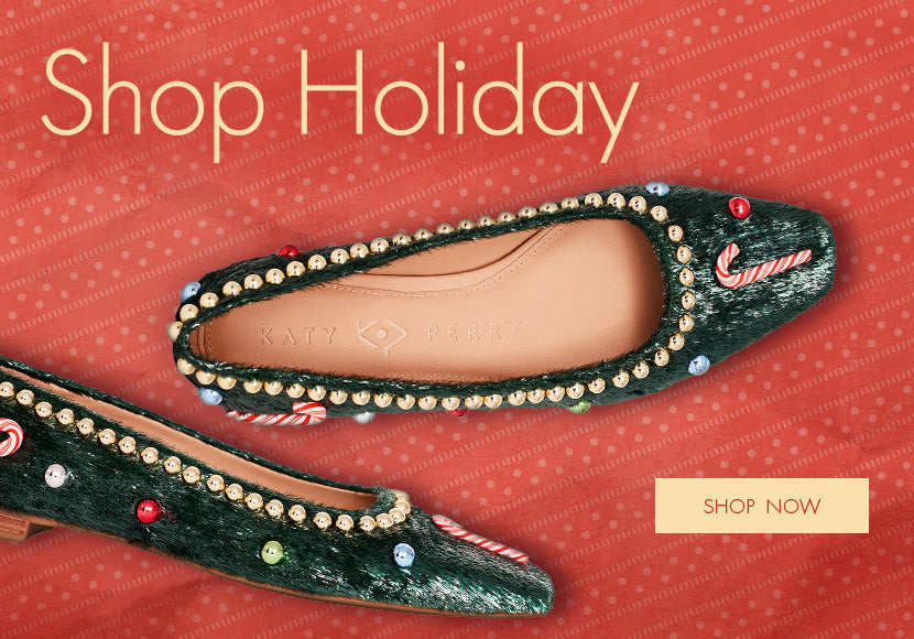 Green Holiday Shoe with candy canes and decorative balls on it. Shop the Katy Perry Collections Holiday Shop