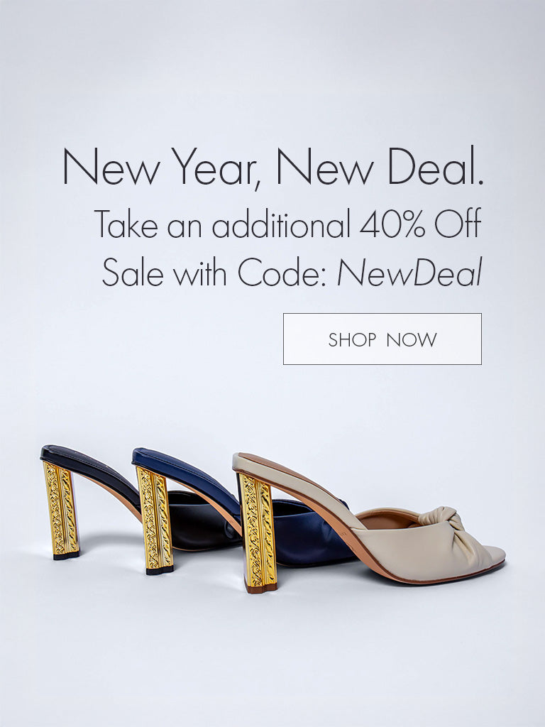 3 pairs of single shoes with gold heels in black, blue and chalk with an additional 40% Off Sale using code NEWDEAL